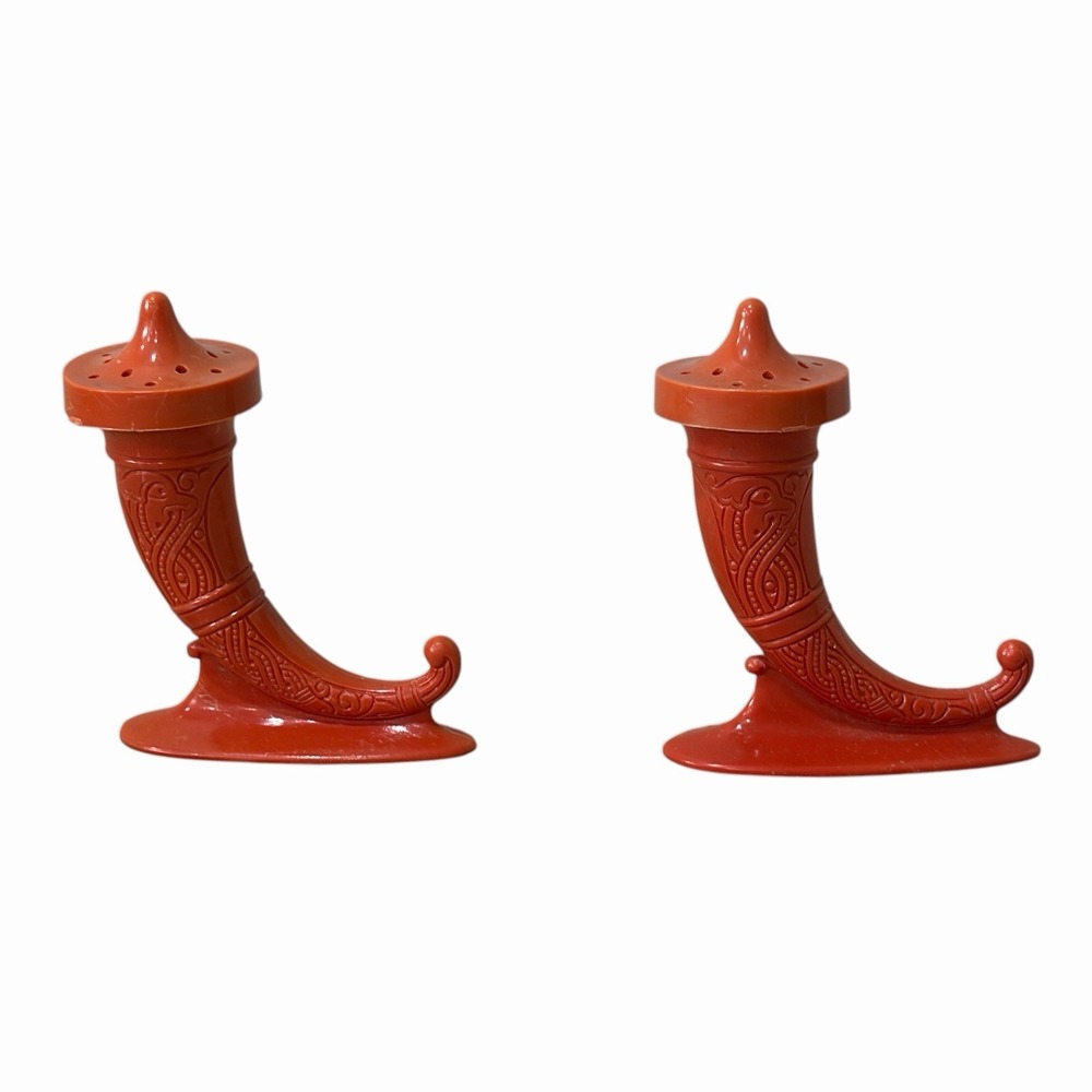 Vintage 1950's Cornicopia or Viking Horn Salt and Pepper Set Red 2.5" Inch Tall